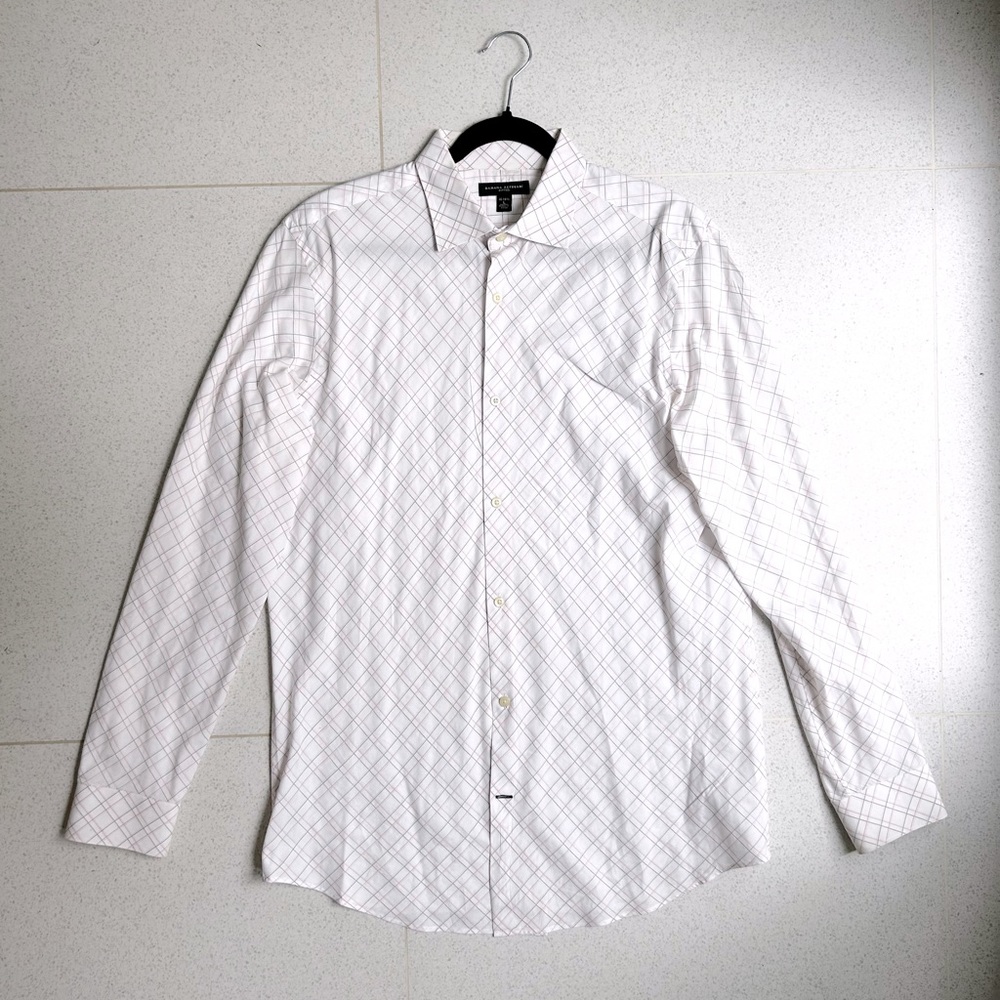 Banana Republic white dress shirt with red and grey plaid!